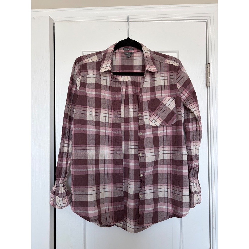 Eddie Bauer Womens Purple Pink Plaid Button Down Shirt Classic Fit M